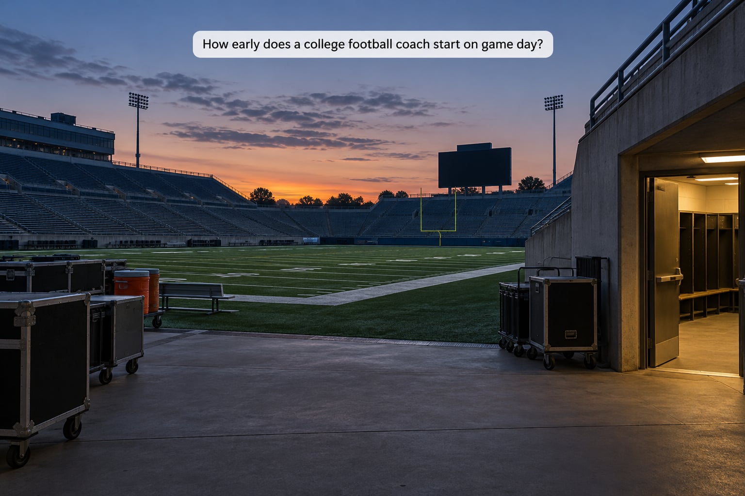 How early does a college football coach start on game day?