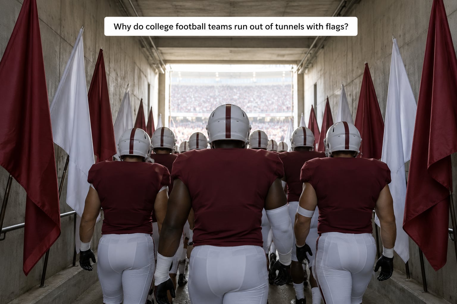 Why do college football teams run out of tunnels with flags?
